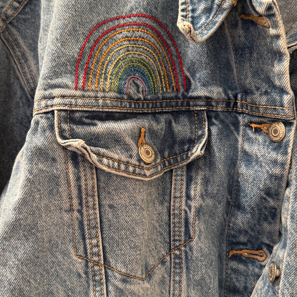 Old Navy Blue Denim Jacket with Embroidered Rainbow